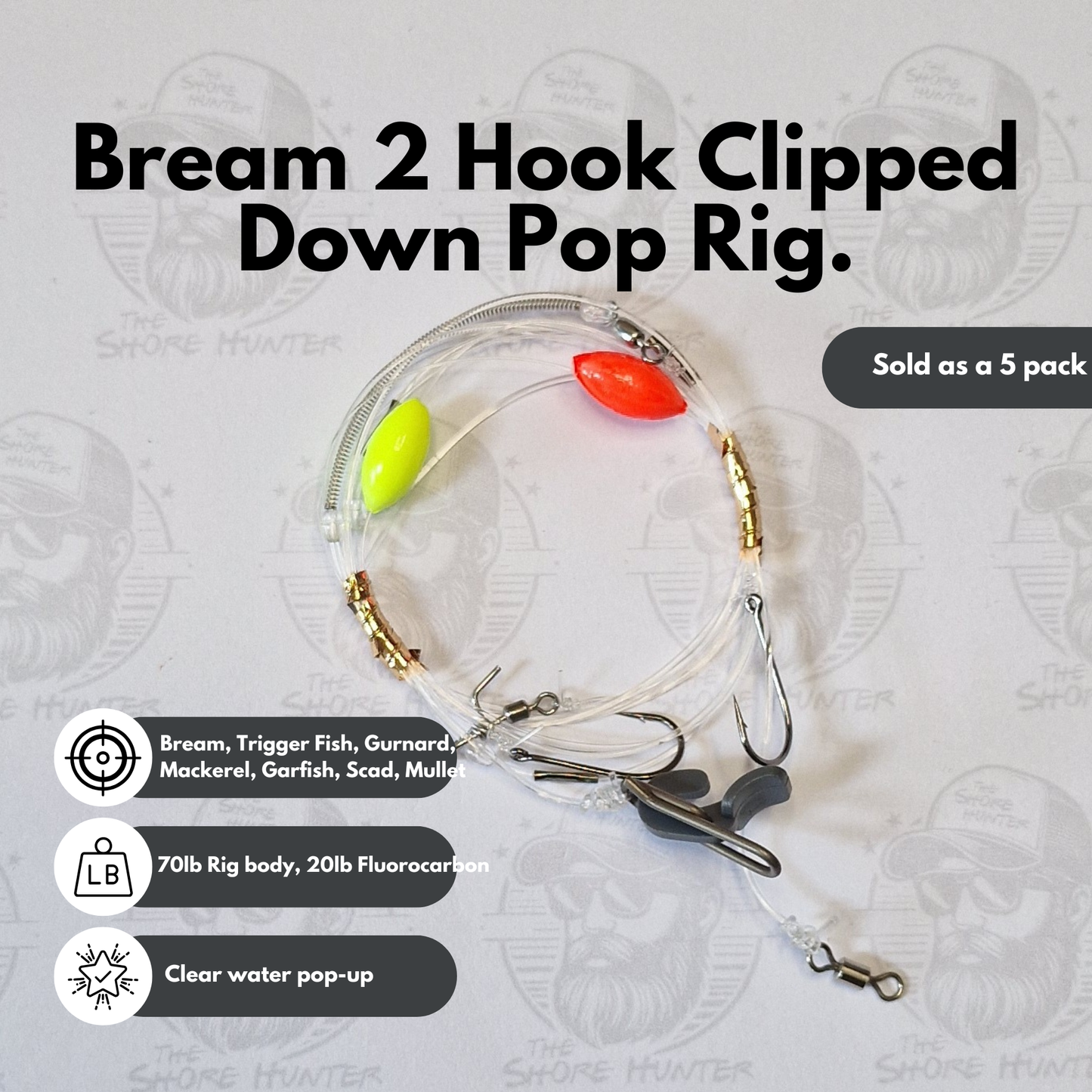Bream 2 Hook Clipped Down Popup Rig (Fluorocarbon) - 5 pack